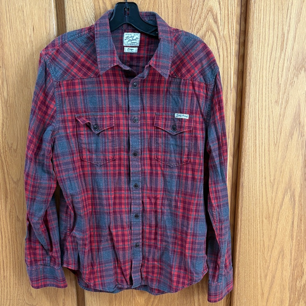 Lucky Brand Distinctive Western Red Grey Long Sleeve Button Down Shirt L